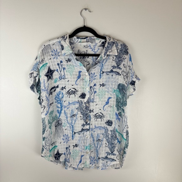 Jane Delancey Womens X Large Button Short Cap Sleeve Sea life Fish Blue Blouse - Picture 1 of 9